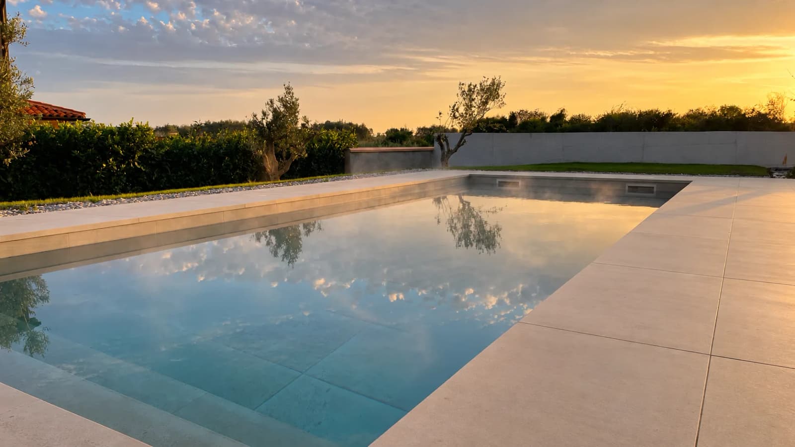 Piscine de villa au coucher du soleil