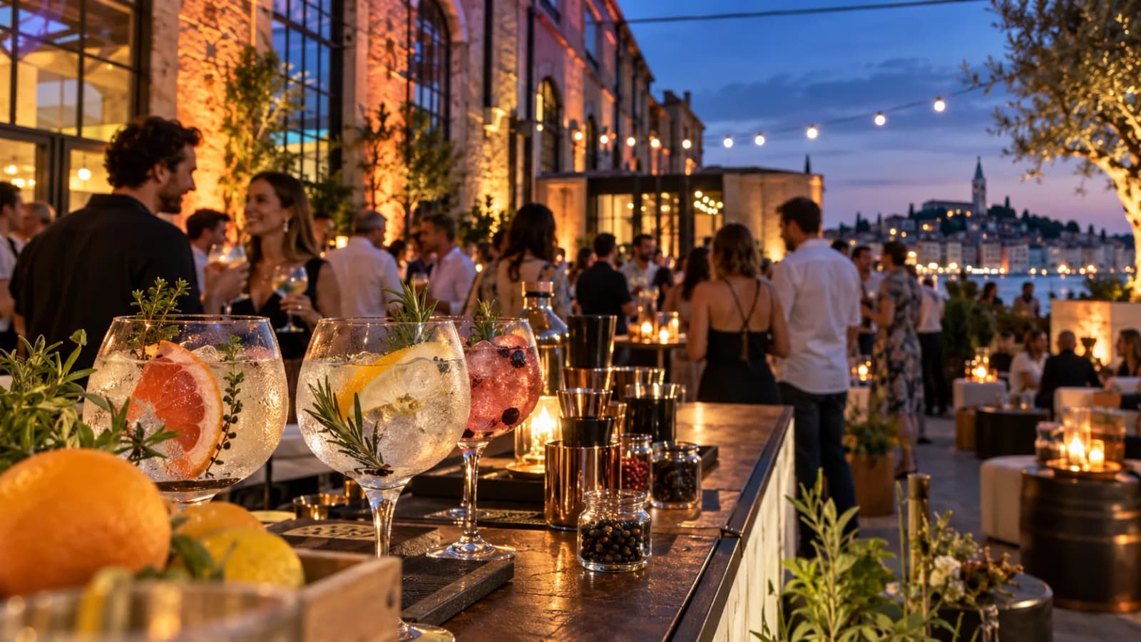 Evening cocktail gathering by the waterfront